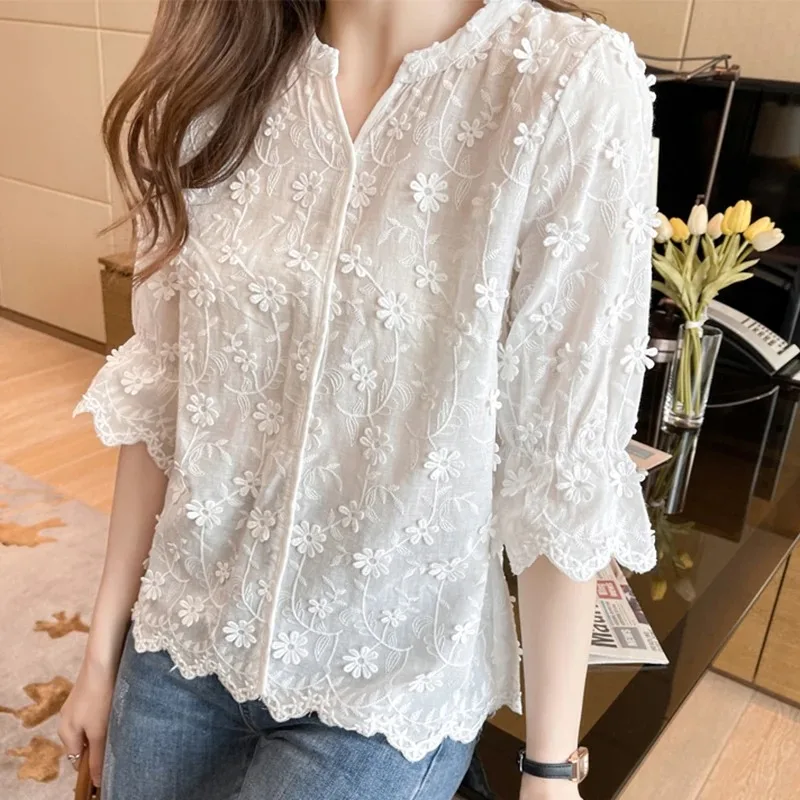 Women\'s Cotton Short Sleeve Lace Blouse, Summer Tops, Embroidery Floral, White Shirt, Fashion Casual Blouses, 9638