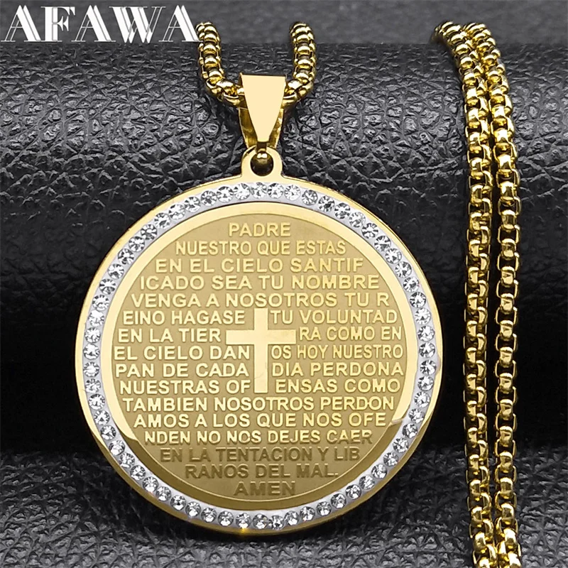 The Lord's Prayer God Cross Bible Spainsh Verse Ncklace for Women Men Stainless Steel Jesus Chain Jewelry collar hombre NZZZ503S