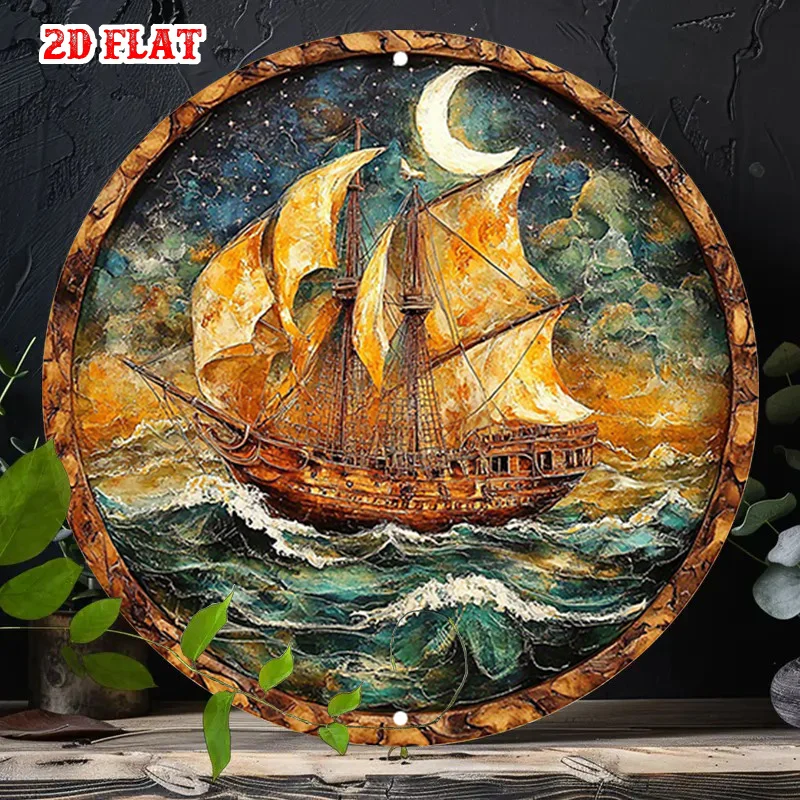 K&K Vintage Segelboot-Metallschild, 7,87 x 7,87 Zoll, nautische Wanddekoration in Gold und Braun, runde Aluminiumplakette für den Innen- und Außenbereich