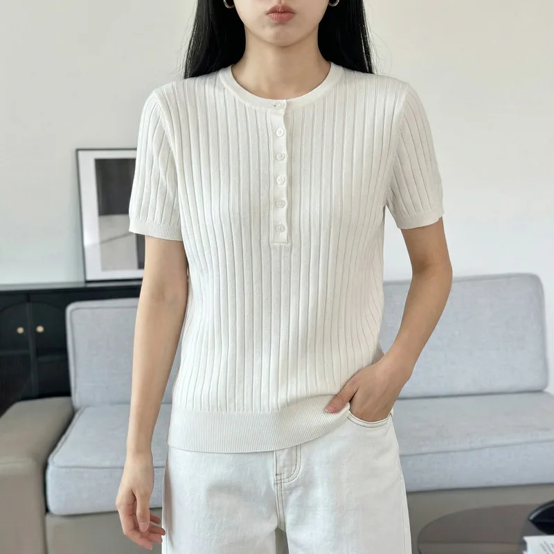 Women's 100% Pure Cotton Round Neck Pullover Vest Loose Fitting Half Sleeve Open Back Knitted Summer Short Sleeve Large Size Top