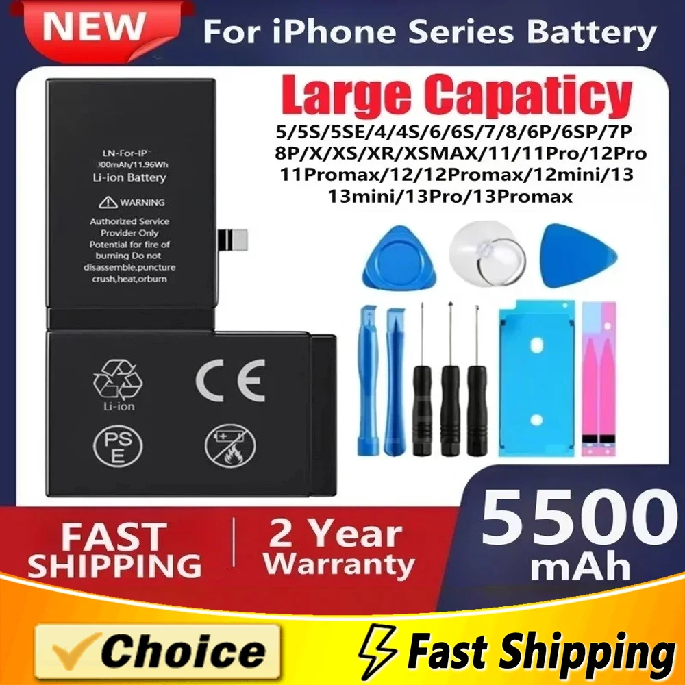 

New 100% High Quality 0 Cycles Battery For iPhone SE 5 5S 5C 6 6S 7 8 Plus X XR XS 11 Pro Max 7P For Apple iPhone 14 13 7 6splus