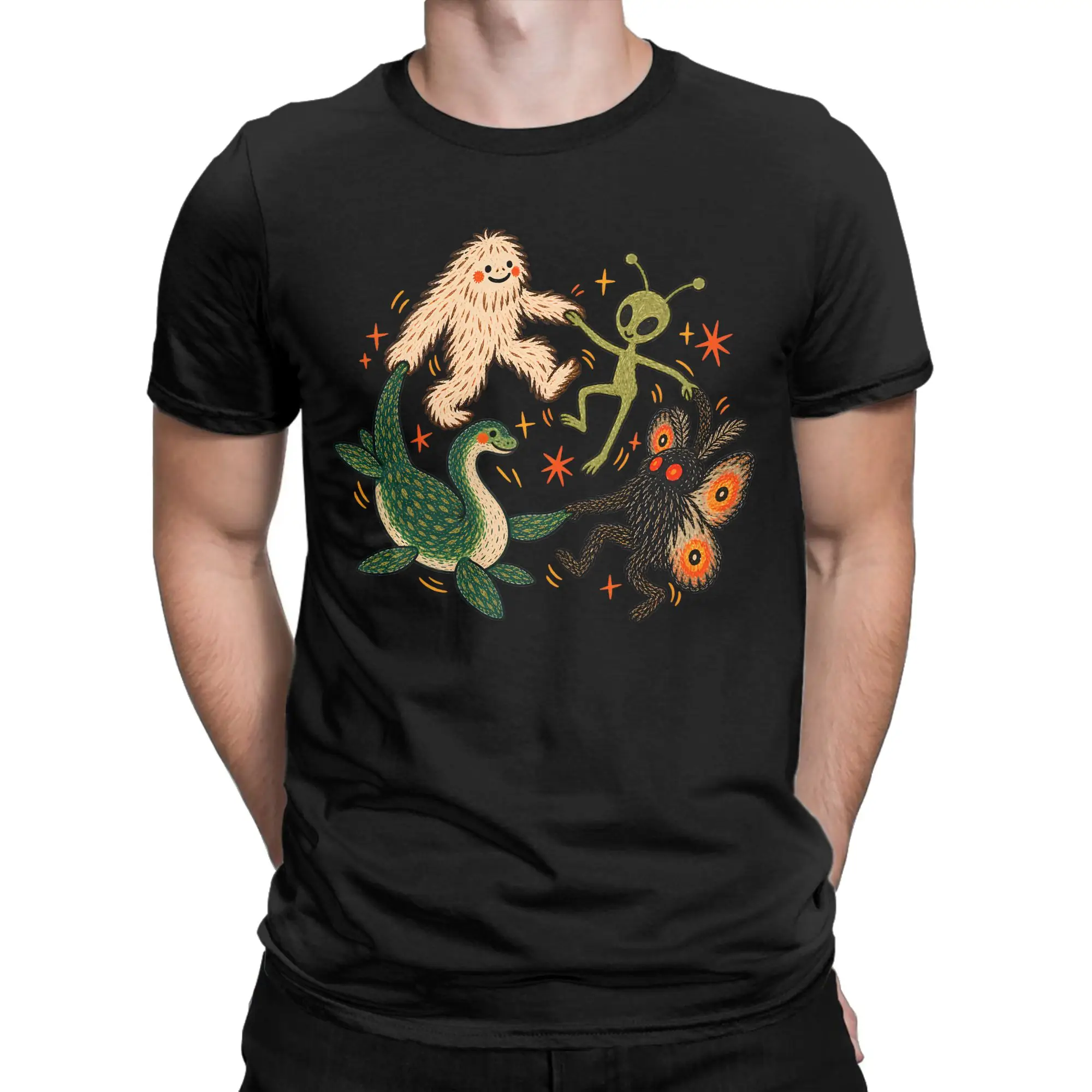 Dancing Cryptids T Shirt Unisex Cotton Top Tee Novelty Bigfoot Alien Mothman Loch Ness Crewneck Short Sleeve