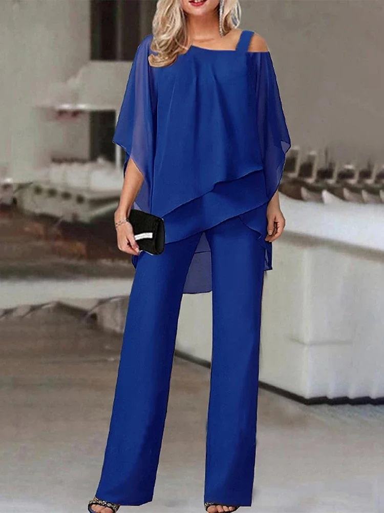 2024 Summer New Fashion Two Piece Set Solid Color Loose Relaxed Bat Sleeve Irregular Shirt High Waist Wide Leg Pants Elegant Set