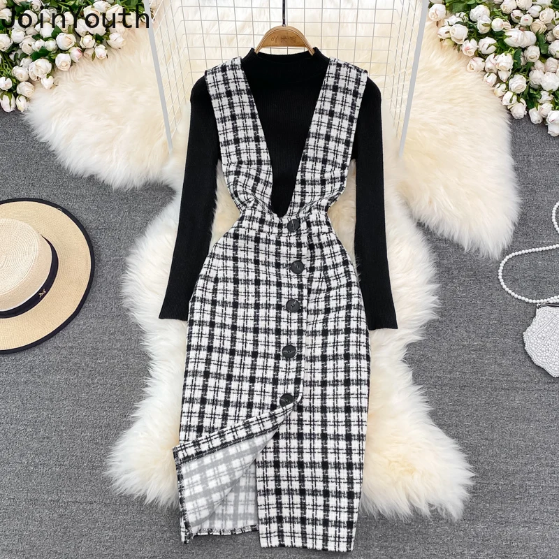 Office Lady Dress Two-piece Suit Woman Woolen Plaid Singel Breasted Dresses + Slim Sweater Tops Dress Sets Korean 2 Pcs Outfits