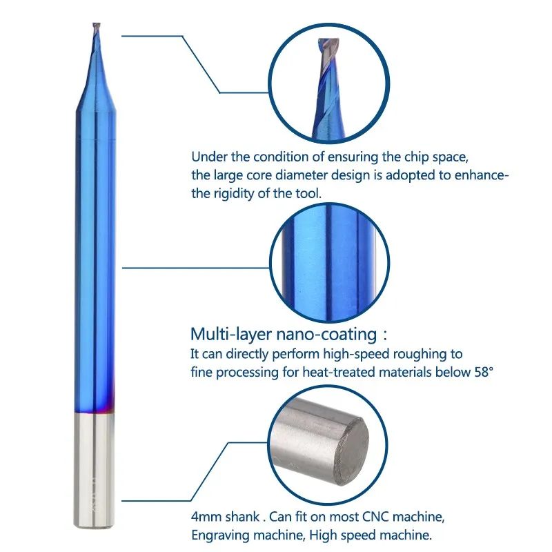 Xcan broca de fresa para micro ponta plana, peça de carboneto de 2 sulcos, broca de roteador cnc nano, azul revestido, máquina de fresa