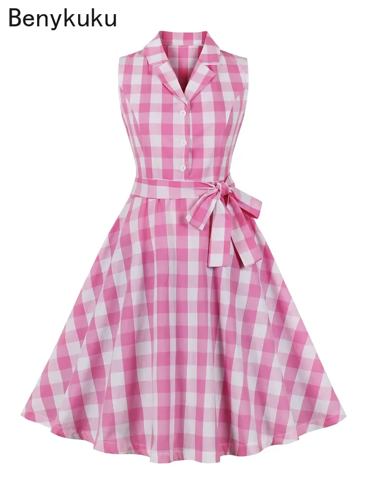 

Notched Collar Button Up Sleeveless Summer Dress Pink Gingham Cotton Womens Clothing A-Line 50s Rockabilly Vintage Party Dresses
