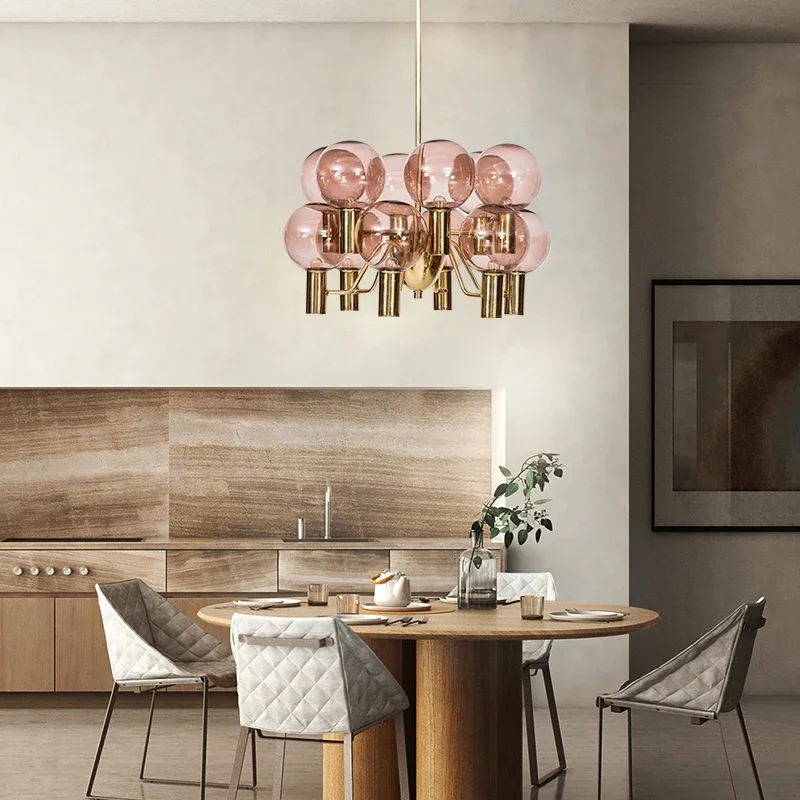 

Nordic LED Glass Lustre Chandeliers Modern Restaurant Hanging Ceiling Lamps Pink Light Luxury Living Room Chandelier Lighting