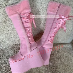 Pink Fur Trim Platform Knee Boots Women Sweet Back Satin Ribbons Wedges Shoes Girl's Splicing Streetwear Cute Side-zip Boots