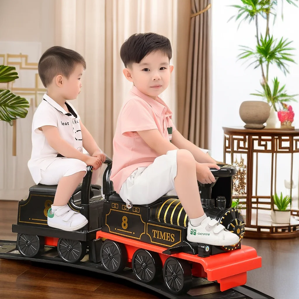 마차 달린 대형 전기 레트로 기차, 어린이 기관차, 철도 자동차, 소년 게임 장난감, 어린이 크리스마스 선물