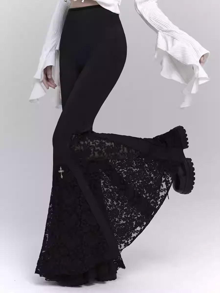 New Dark Gothic Girl Black High Waist Subculture Personality Flared Pants Fashion Versatility Retro Street Sexy Lace Trousers