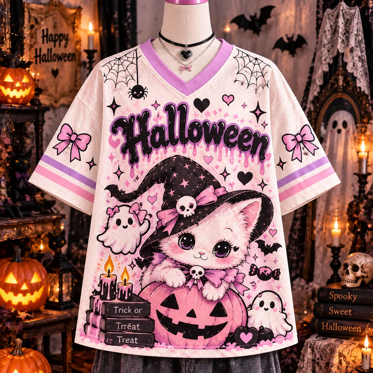 Halloween Cute White Kitten Ghost Pumpkin Print V Neck Oversized Mesh Jersey T-shirt Unisex Short Sleeve Bat Spider Web Streetwe