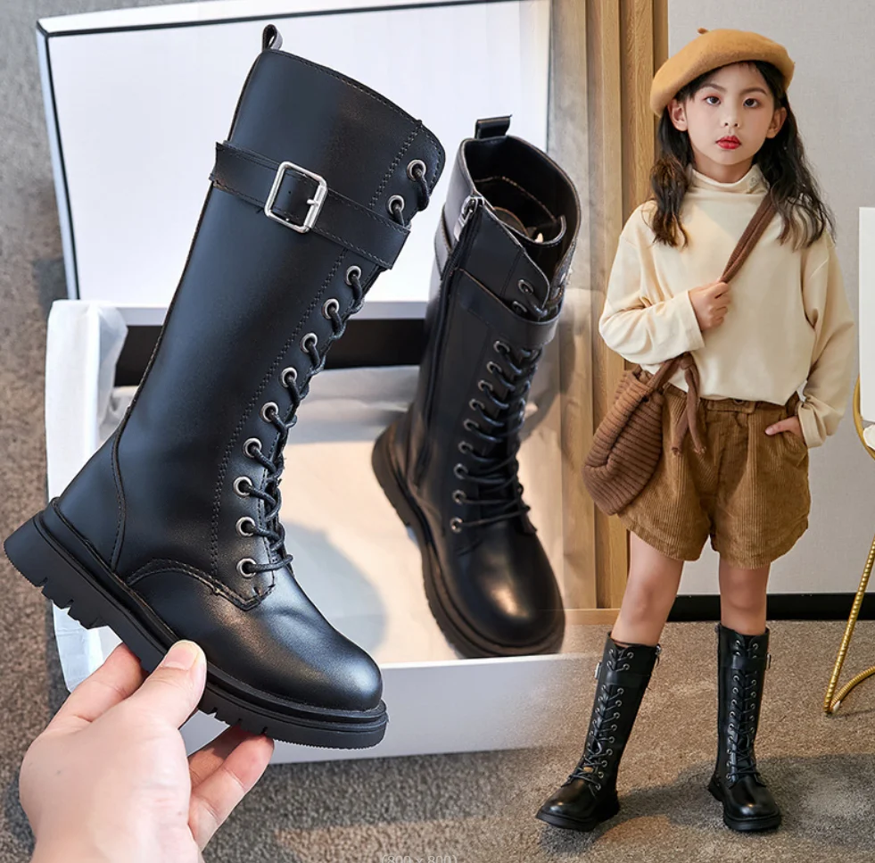 Girls\' Knee-High Boots Autumn/Winter Children\'s Snow Boots New Princess Fashion Girls\' Lace-up Warm Leather Cotton Shoes size37