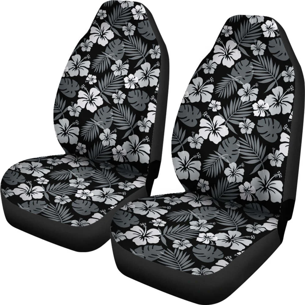 INSTANTARTS Black With Hibiscus Pattern In Gray and White Car Seat Covers Hawaiian Universal Front Seat Protective Cover Gifts