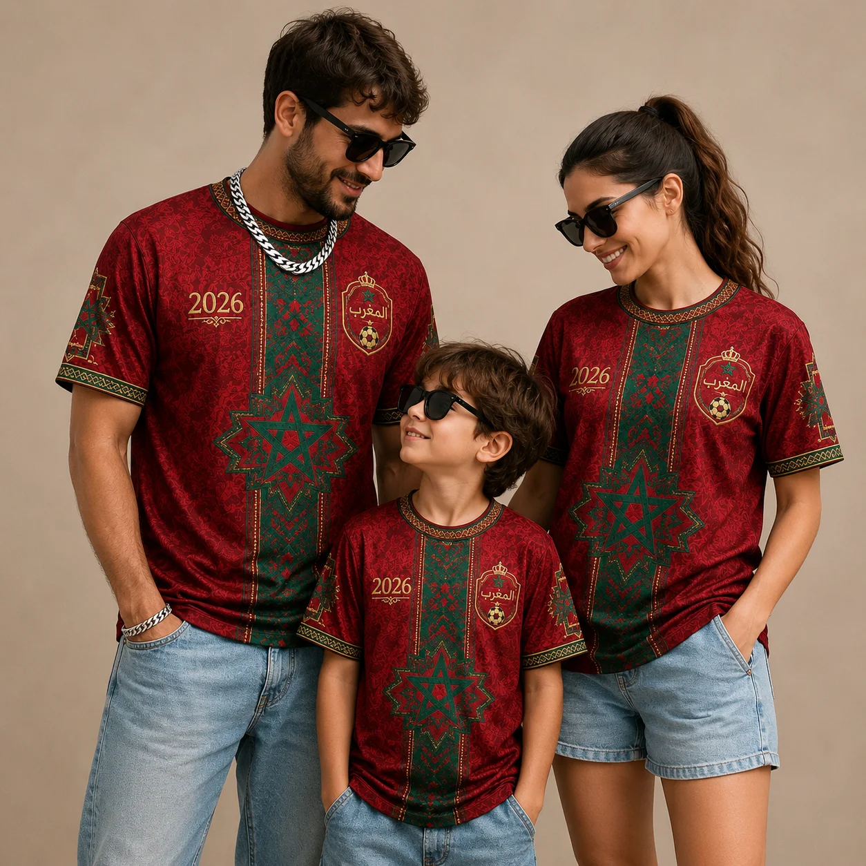 2026 Morocco Football Parent‑Child Matching Jersey, Red Letter Print Soccer Supporter Casual Short Sleeve Family Tops