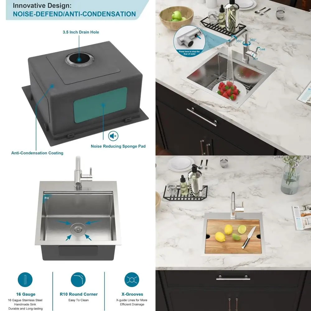 

18, вставная уличная барная раковина с одной чашей и выдвижным смесителем, нержавеющая сталь 16 г, 18x18x9