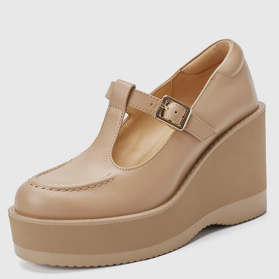 LIHUAMAO Cow Leather Platform Wedges Shoes Women Mary Jane Shoes Brown High Heel Shoes Pumps Party Dress