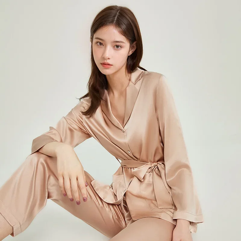 19 momme 100% Mulberry Silk Women's Kimono pajama set Diamond Button Down long sleeve trousers Pajamas 2 Piece elegant Nightwear