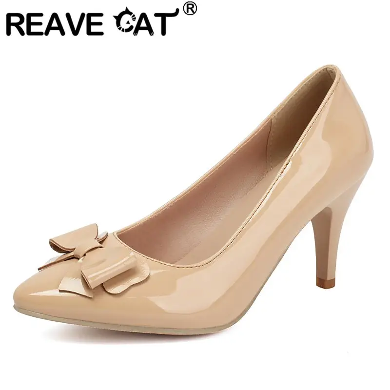 REAVE CAT Shiny Women Pumps Pointed Toe 7.5cm Thin High Heels Slip On Bowknot Large Size 46 47 48 Sexy Wedding Party Shoes Red