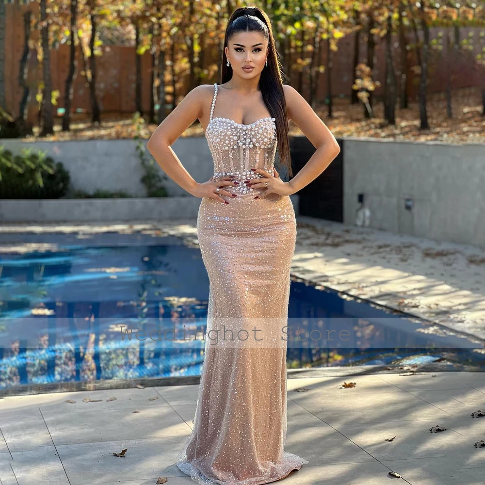 Luxury Evening Dresses for Women Pearls Trumpet/Mermaid Evening Gowns Spaghetti Straps Sweetheart Illusion Formal Party Dresses