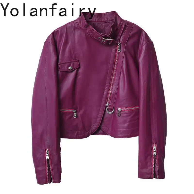 

YOLANFAIRY Genuine Sheepskin Leather Jacket Women Purple Stand Collar Slim Fit Real Leather Coat Biker Outerwear Long Sleeve