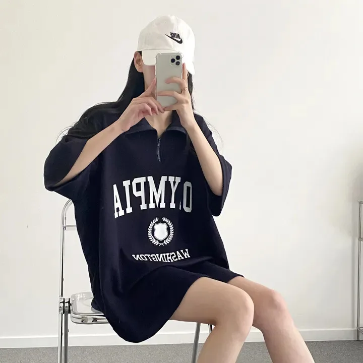 Women Loose T-shirts Trend Distressed Tee Polo Collar Zipper Short Sleeve Printed Short Sleeve Summer Female Clothes Casual Top