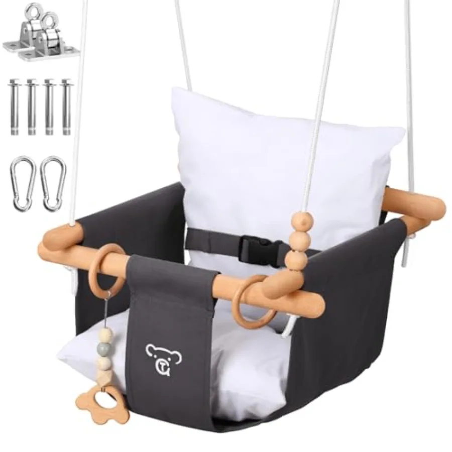 

Outdoor Indoor Baby Swing for Backyard Cotton Canvas Seat Beech Wood Frame, Natural Color, Safety Harness Mounting Hardware Inc