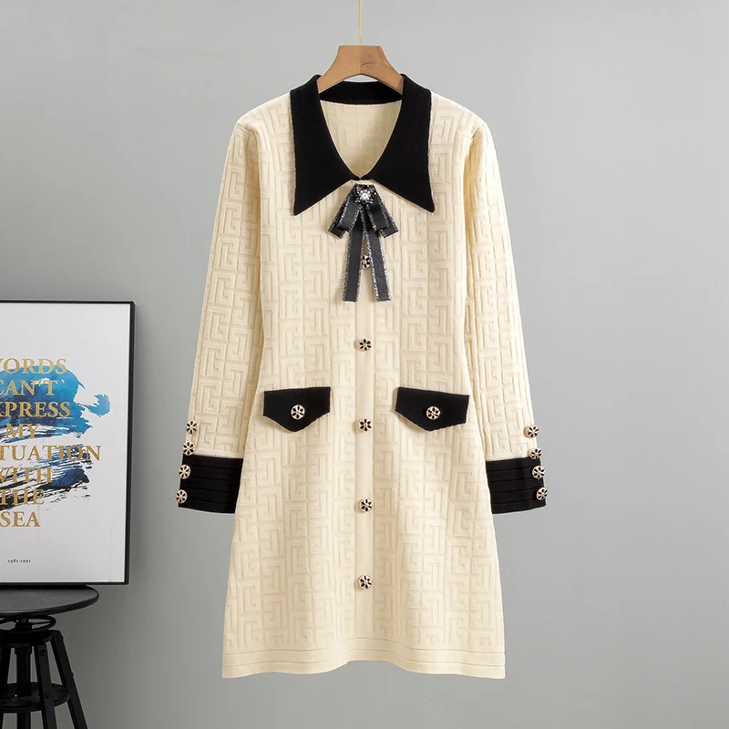 2024 Spring New Dress Women Sweet Cute Slim A Line Midi Dress Korean Long Sleeve One Piece Knit Dress