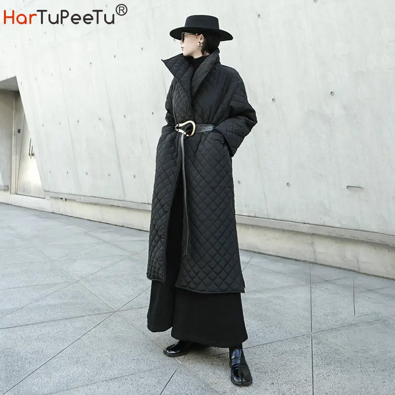 2022 Winter Black Parka Women Argyle Long Jacket Lightweight Cotton-padded Fall Cloak Coat Side High Split Stylish Robe Outwear