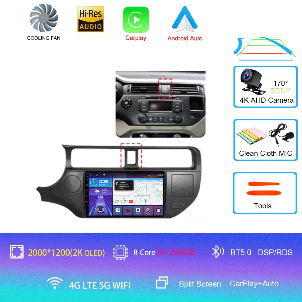 Android 16 Carplay Auto voor Kia RIO 4 K3 2011 2012 2013 - 2017 autoradio multimediaspeler navigatie GPS geen 2Din 2 Din - afbeelding 1