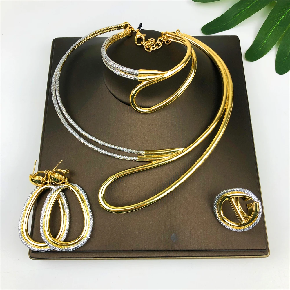 

Fashion High Quality Gold Plated Women Jewelry Set Simple Lines Earrings Ring Necklace Bangle For Wedding Party