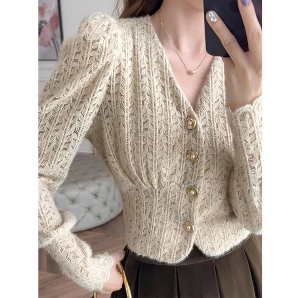 Elegant Lace Fabric Shirt Women's Spring Autumn Romantic French Slim Fit V-Neck Single Breasted Knitted Leaf Patterns Top