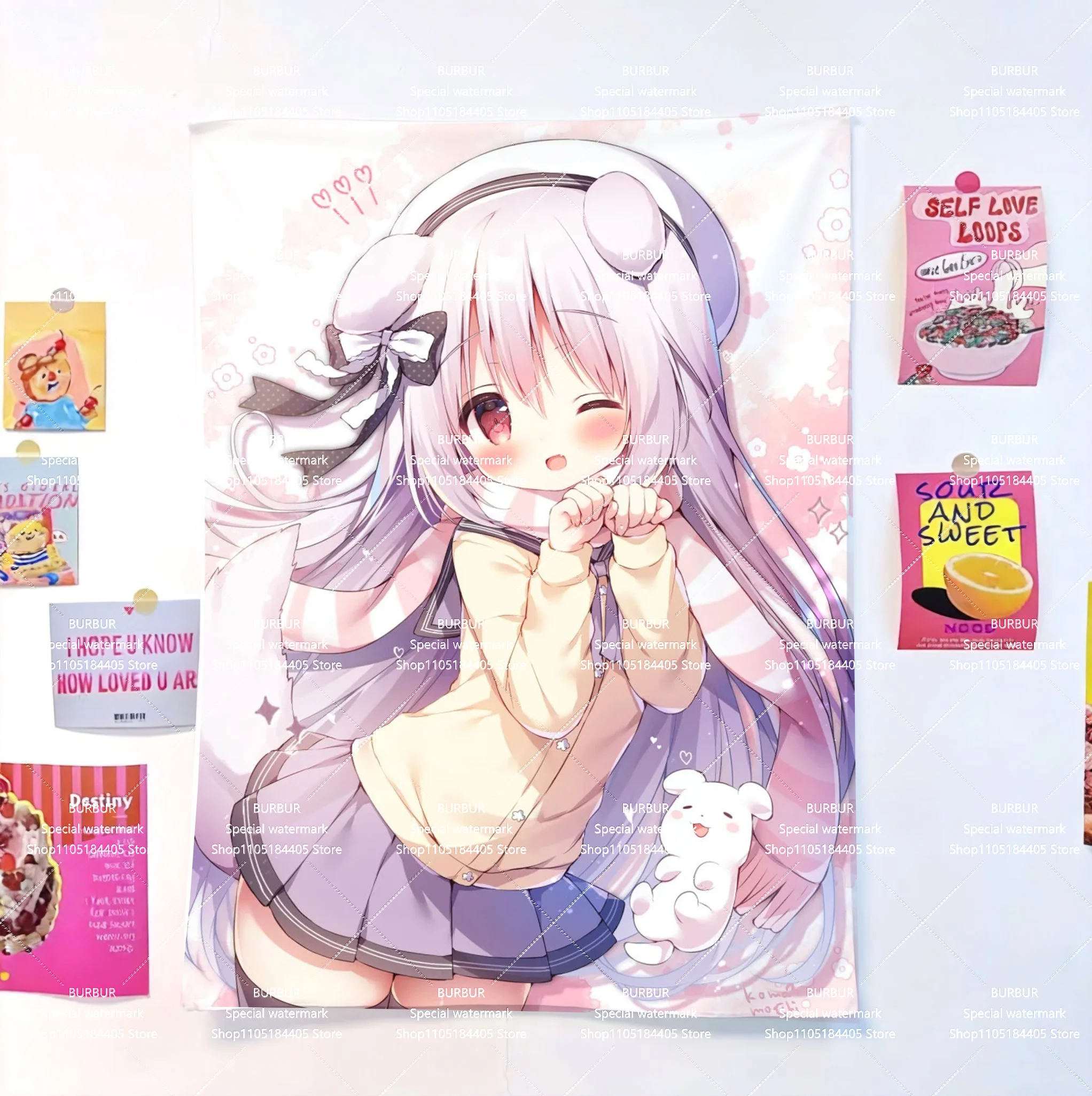 A girl's wall decoration featuring a sailor suit with rabbit decorations and a warm look. A princess-style bedroom background fa