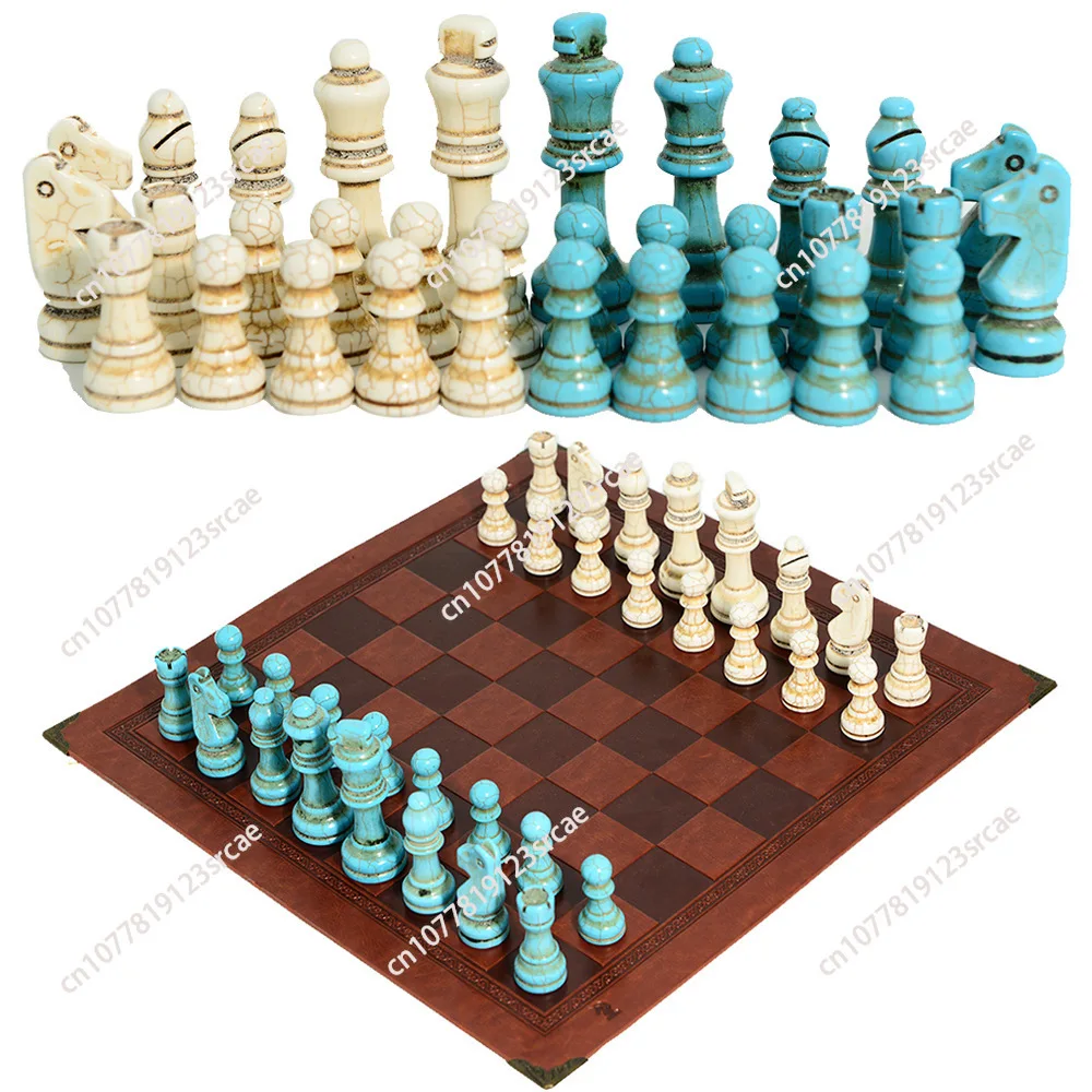 Chess 32 blue and white two-color turquoise with artificial leather chessboard two-color chess pieces
