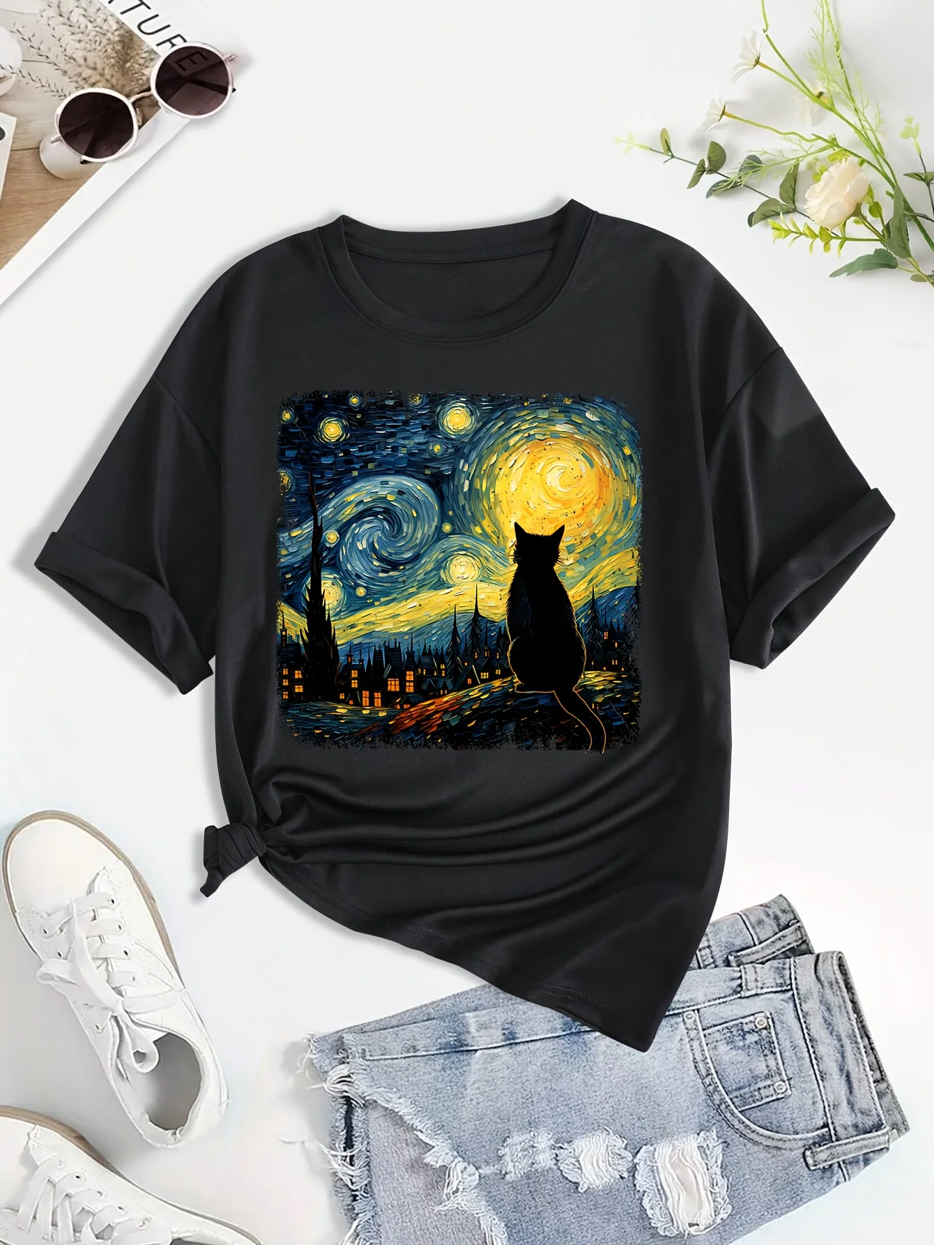 Women's Van Gogh Starry Night Cat Art Print T-Shirt - Black Short Sleeve Crew Neck Casual Top Cat Tshirt Summer Fashion
