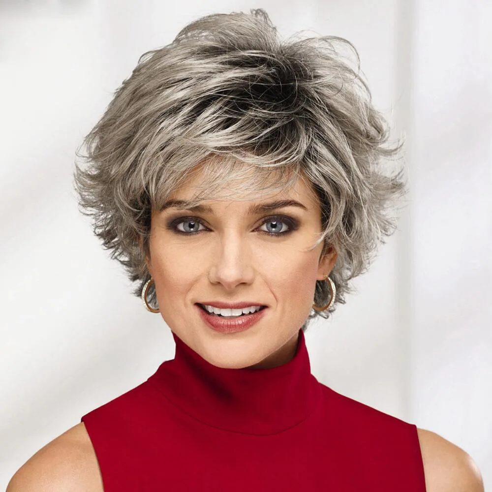 

European and American wigs short hair gradual change silver gray women's daily short curly hair Wigs simulation chemical fiber h