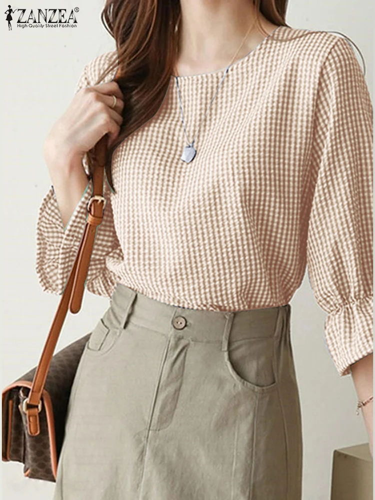 

2025 ZANZEA Women Summer Checked Blouse Korean Fashion Work Shirt Elegant 3/4 Sleeve Tunic Tops Casual O Neck Holiday Blusas