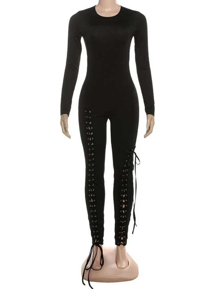 Fdyoui 2025 outono sexy bandagem macacões moda feminina o pescoço manga longa uma peça sólida bodysuits festa noite clube macacão