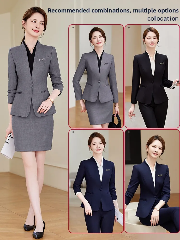 Elegant Neckless Suit Set for Women Hotel Front Desk Professional Workwear Interview Formal Outfit Coat Spring Autumn New Arr...