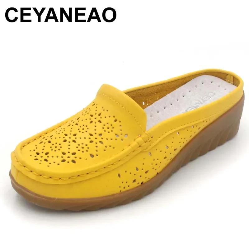 CEYANEAO Women Slipper Loafers Shoes Cow Leather Breathable Cool Pointed Toe wedge Female Footwear Casual Women Flats Shoes