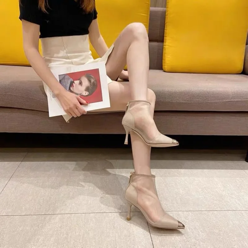 Women Mesh High heeled Sandals Spring New Fashion Hollow Dress Pointed Toe Thin Heel Mesh Anti Slip Wear Resistant Sandals