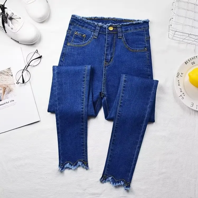 

Джинсы с высокой талией, длиной 7/8, женские, универсальные, новый стиль, для студентов, утягивающие, больших размеров, брюки-карандаш, из хлопкового стрейч-денима