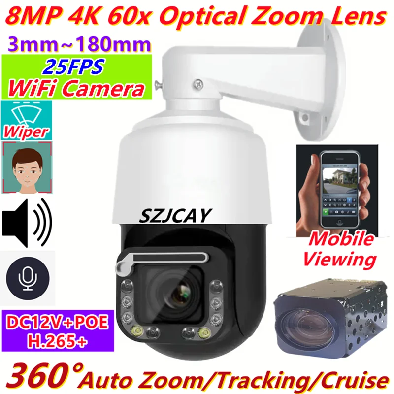 8MP 4K WiFi PTZ IP Camera 60X Optical Zoom CCTV Hikvision Outdoor AI Human/Vehicle Tracking Audio Onvif POE Surveillance Camera