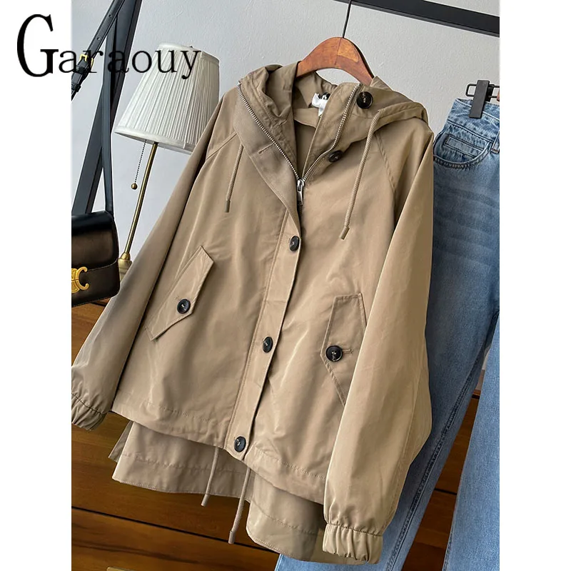 Garaouy 2023 Spring Hooded Parker Trench Coats Woman\'s Casual Versatility Oversized Solid Windbreak Jackets Outwear Tosp Female