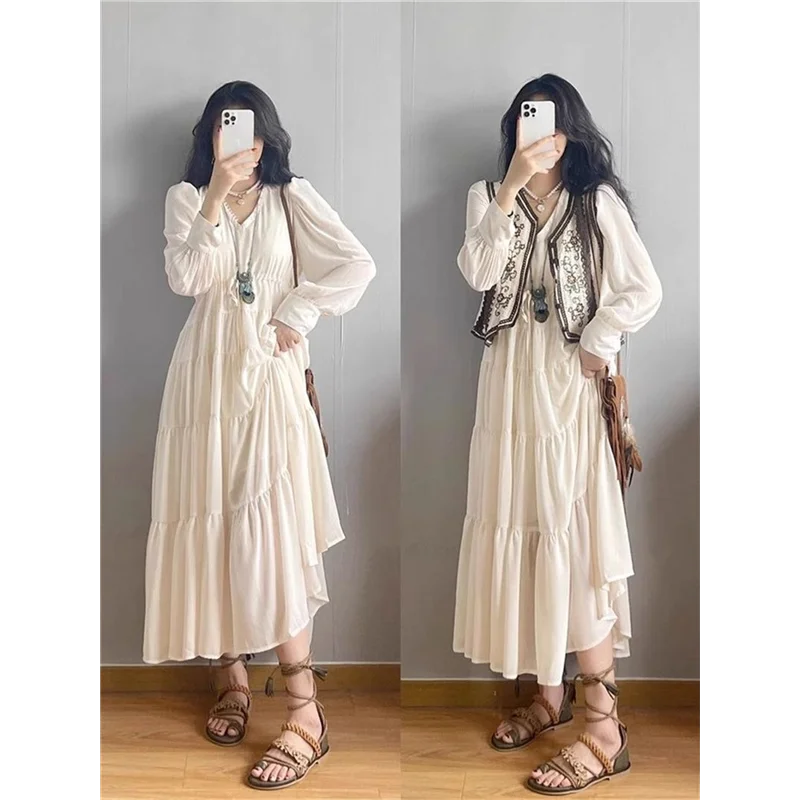 

Elegant Long Dress Women's Spring Design Sensation Small Audience Draping Feeling Two-Piece Set Fashionable Casual Wear