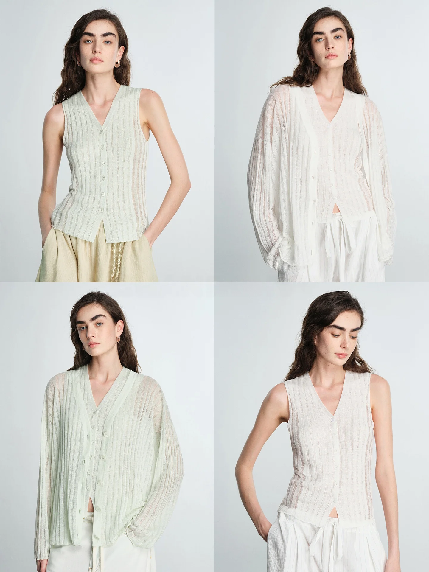 

CHANDOOIVY l Вязаный жилет свободного кроя из текстурированной льняной пряжи в винтажном стиле с ажурными элементами, дышащий, мягкий, с эффектом прохлады, с длинными рукавами