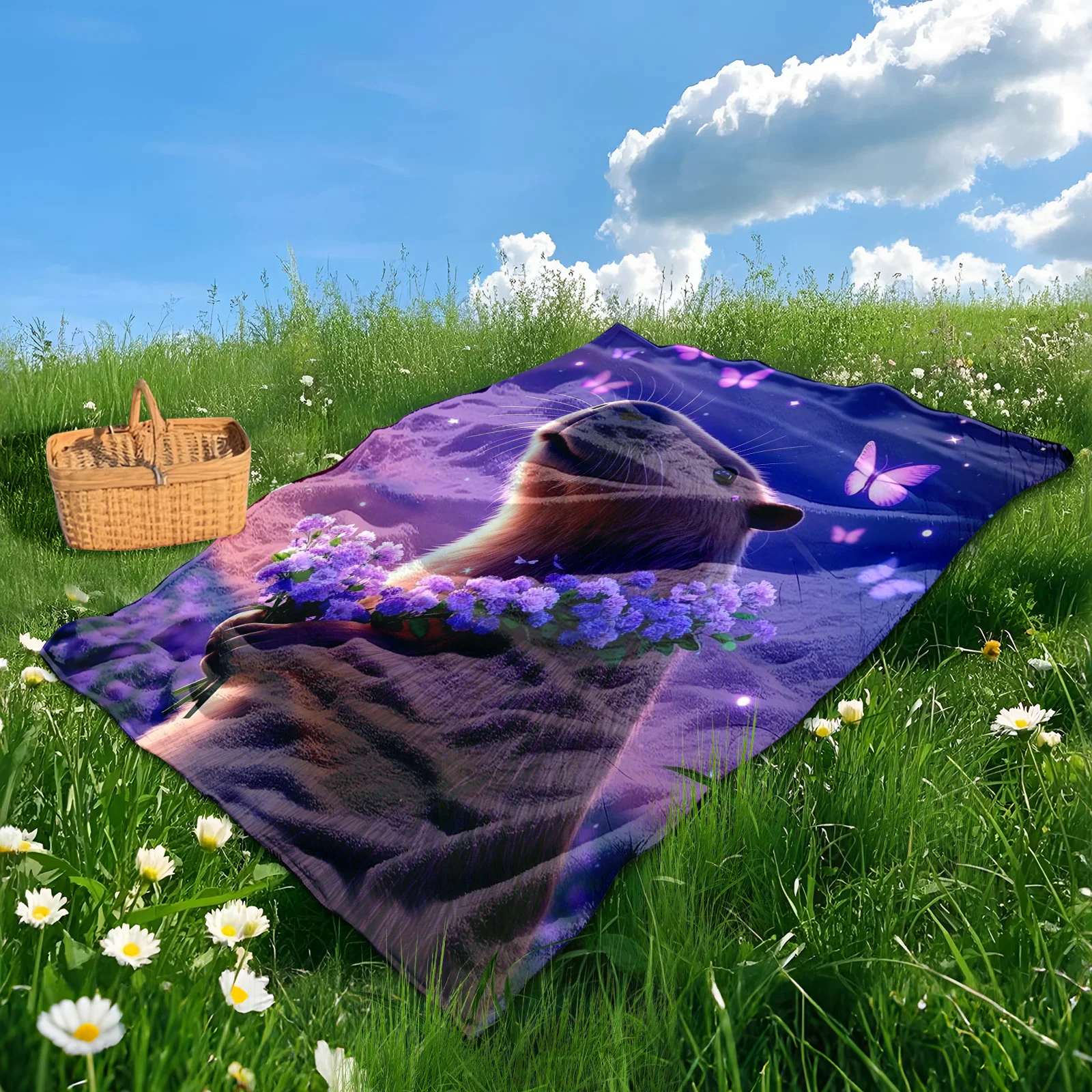 Dreamy Capybara With Floral Wreath Purple Butterfly Themed Outdoor Blanket For Camping Adventures And Whimsical Nature Comfort