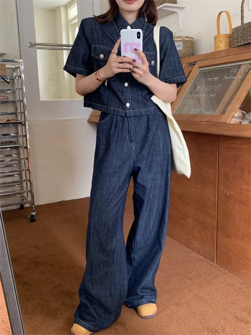 Alien Kitty Blue Denim Two Pieces Sets Women Loose Chic Summer Short Sleeve Coats 2023 Jeanswear New High Waist Slim Pants Suits