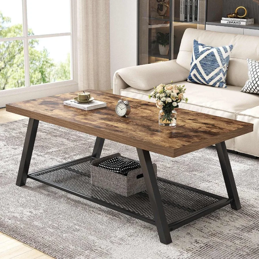 Coffee Table with Storage for Living Room, Rustic Wood, Brown, Spacious Hidden Compartment and Sturdy 47 Inch Design