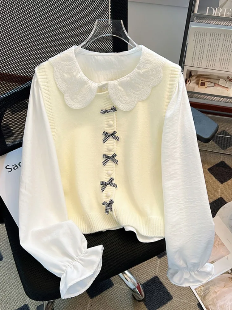 

Sweet Sle Knitted Vest Top And Bot Set for Women in Milk Yellow with Bow Tie Doll Collar Long Sve Polyester Fiber