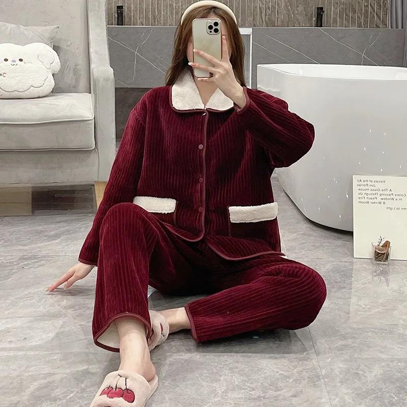 Red Winter Woman Set Pajama Loungewear Flannel Pyjamas High-End  Free Shipping Warm Nightwear Clothes Lady 2 pieces Nightie